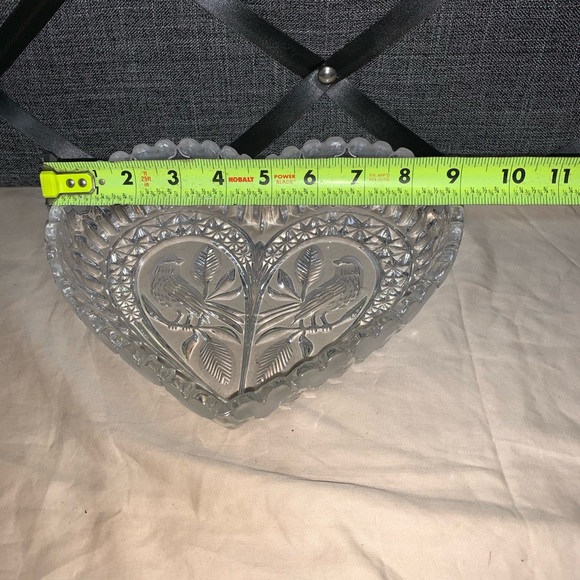 Vintage Cut Glass Heart Shaped Bowl w/Carved Doves N Center Crystal Heart Edges - Picture 9 of 9